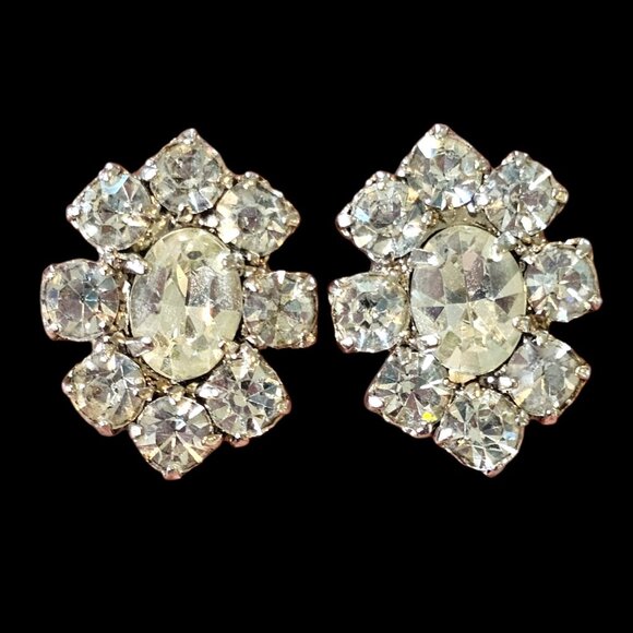 VTG 1950s Kramer New York White Rhinestone Clipon Earrings Mod Formal Evening - Picture 1 of 9